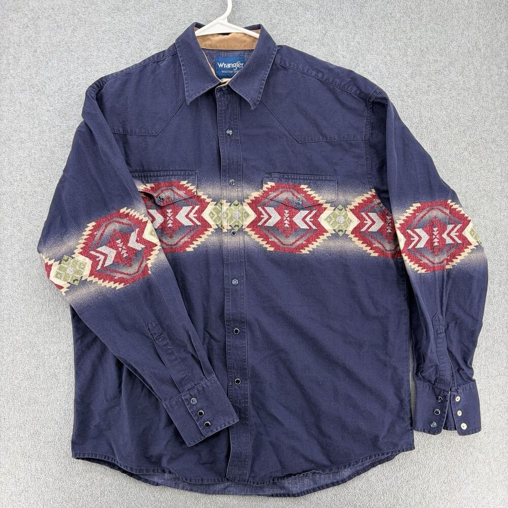 Vintage Wrangler Western Shirt Mens XL Aztec Southwestern Pearl Snap Blue